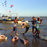Shark fisermen landing their catch on the beach at Caravelas - Brazil.